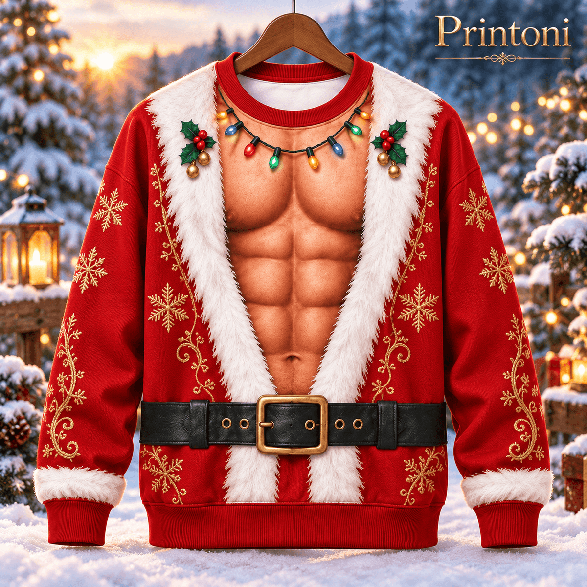 Couples Ugly Christmas Sweater Set, Funny Mrs Claus & Muscle Elf Costume Print, His and Hers Matching Xmas Sweaters
