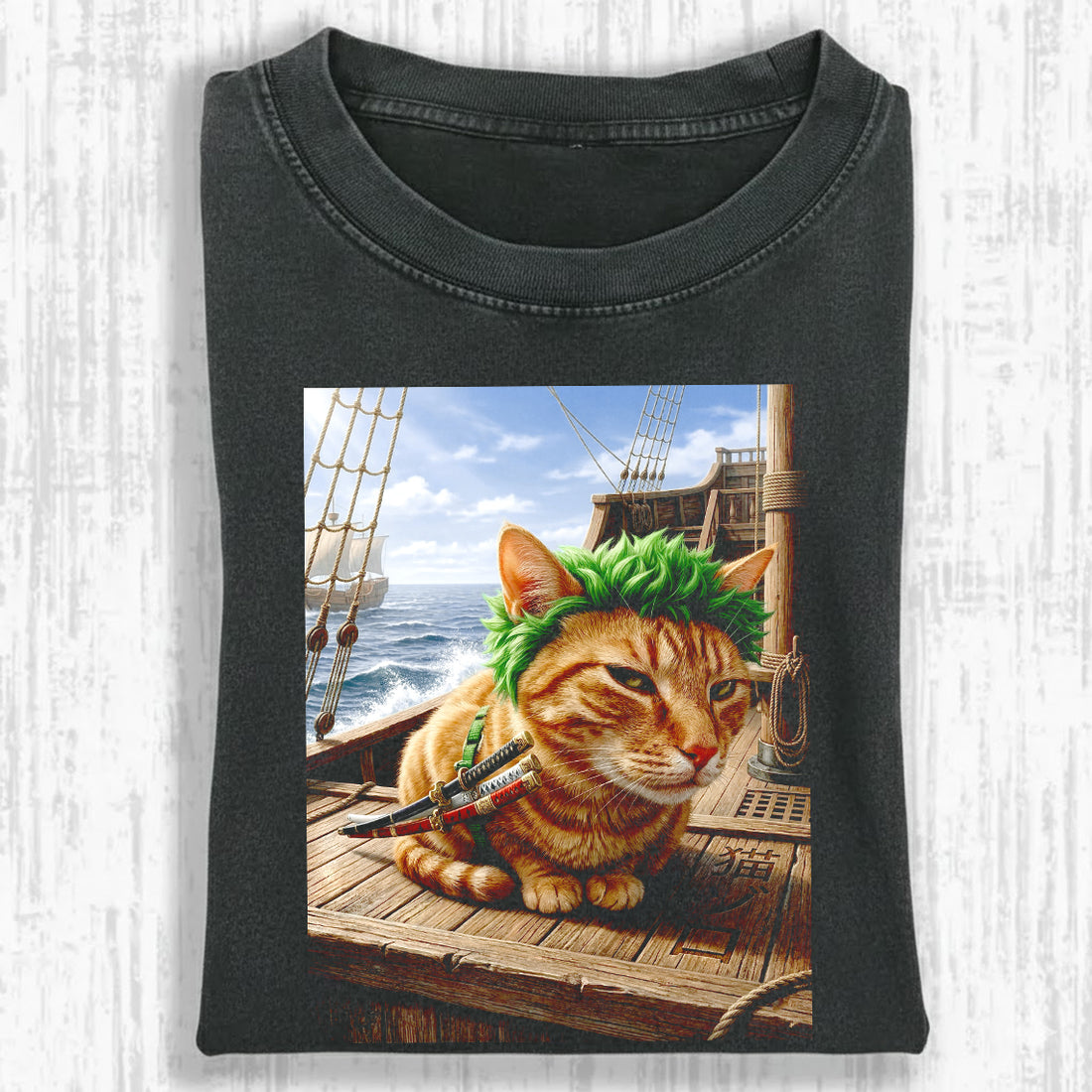 Funny Samurai Cat Graphic Tee – Swordsman Pirate Cat Vintage Oversized Washed Shirt Gift