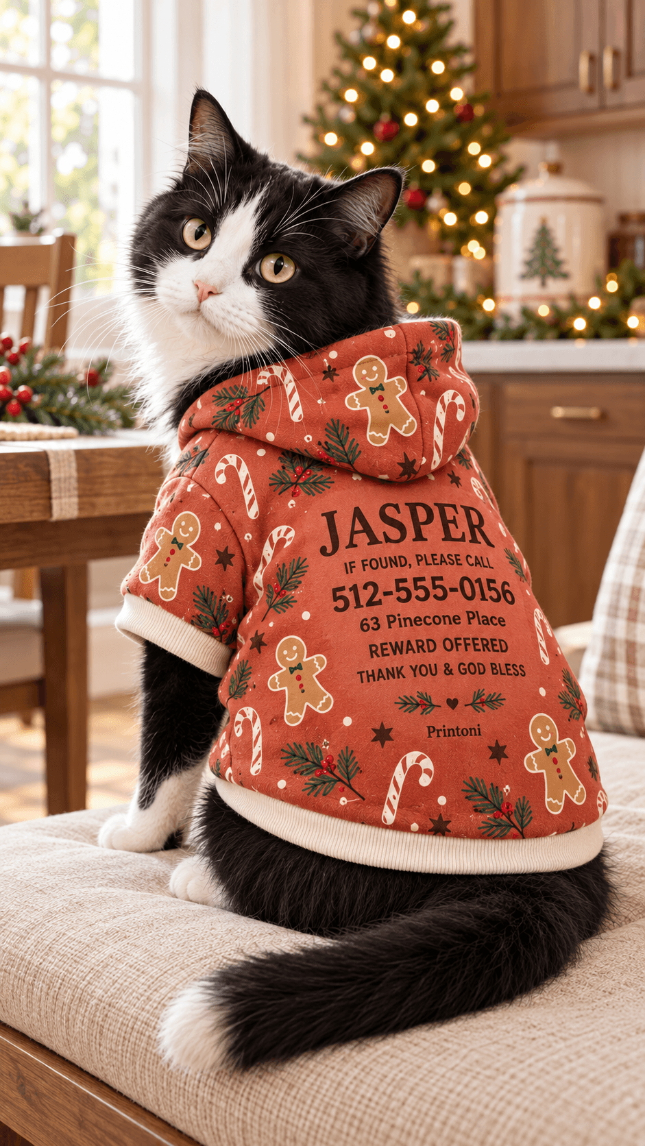 Custom Pet Hoodie with Name & Phone Number, Personalized Christmas Dog Cat Jacket, Holiday Pet Safety Gift