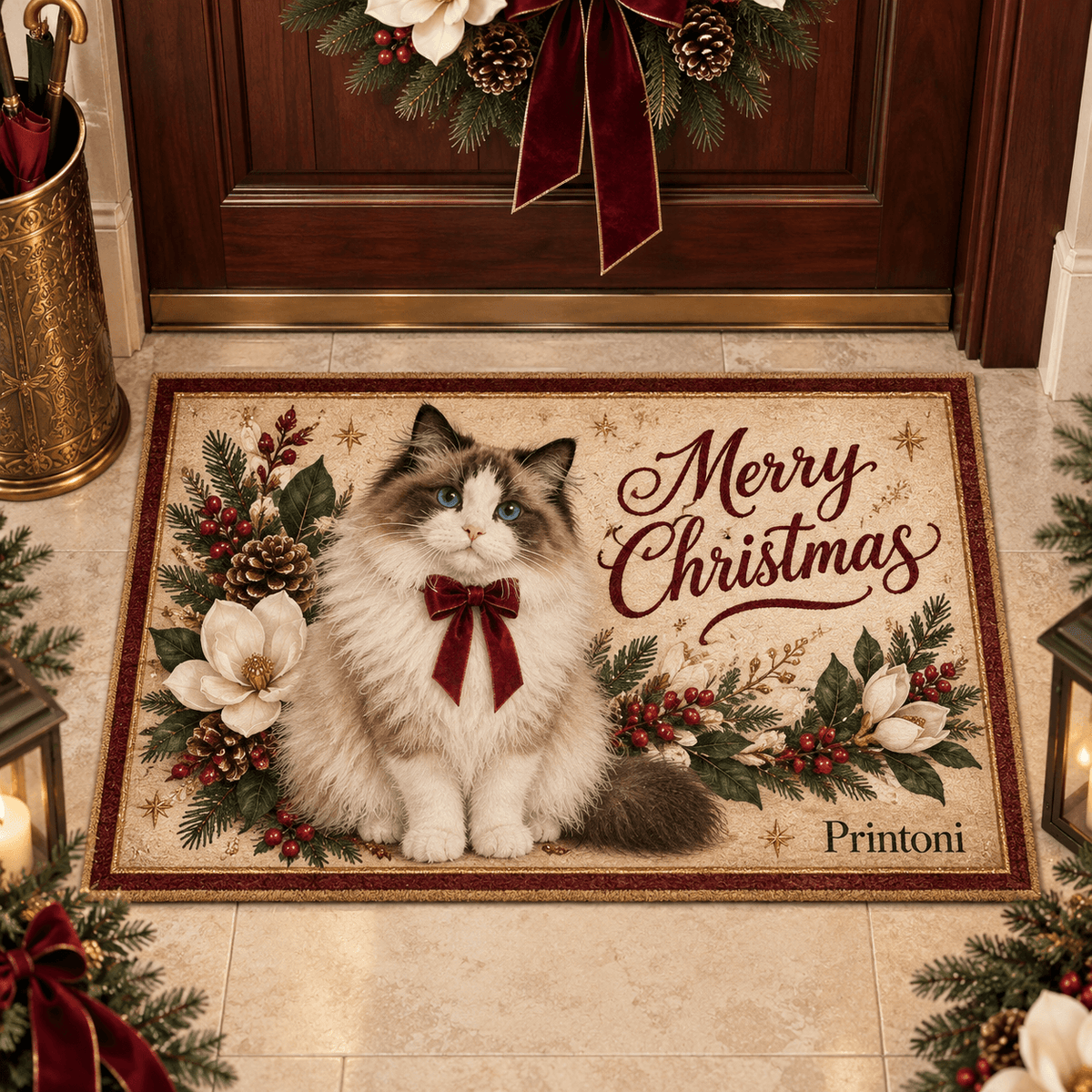Custom Pet Christmas Doormat, Personalized Dog & Cat Photo Welcome Mat, Holiday Gift for Pet Lovers