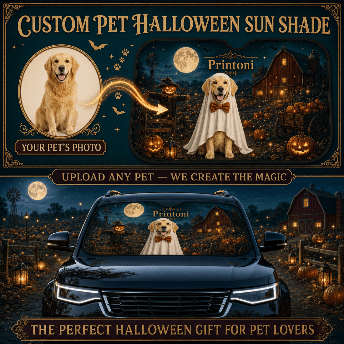 Custom Halloween Pet Car Sun Shade from Photo, Personalized Dog Cat Windshield Sunshade, Spooky Pet Lover Car Accessory Gift