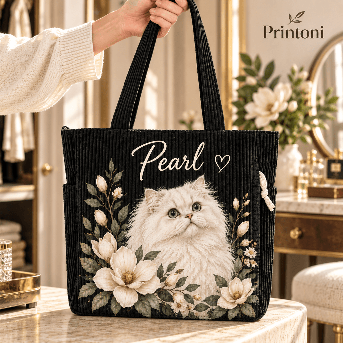 Custom Pet Corduroy Tote Bag with Name, Personalized Dog & Cat Portrait Bag, Pet Lover Gift