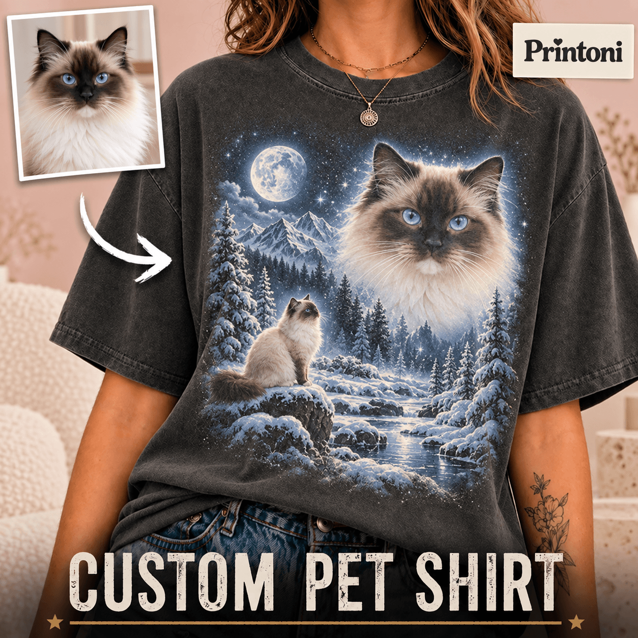 Custom Pet Shirt from Photo, Personalized Mystical Cat T-Shirt, Celestial Pet Portrait Gift for Cat Lovers