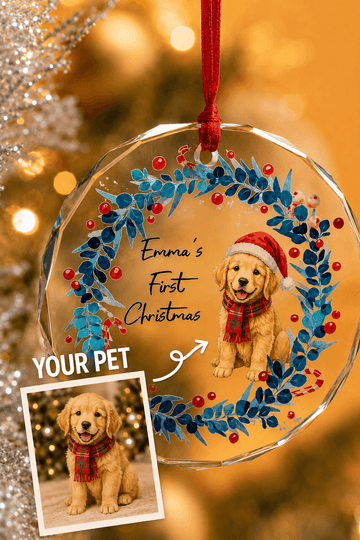 Personalized Pet First Christmas Ornament – Custom Dog Cat Glass Ornament with Name Gift