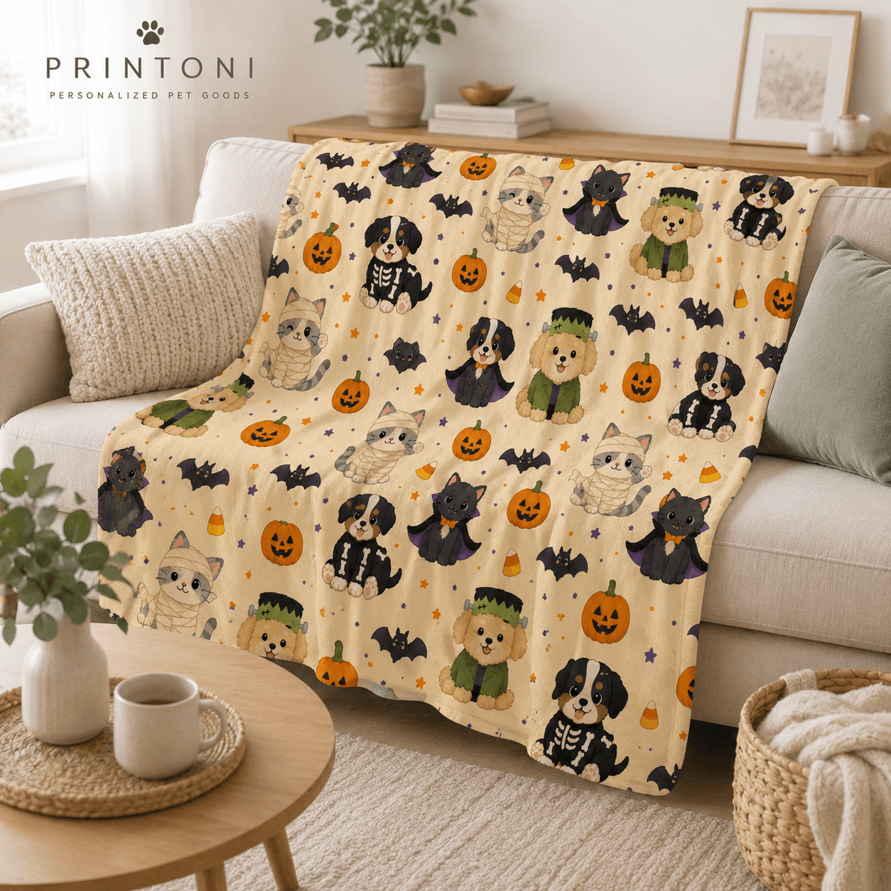 Custom Halloween Pet Blanket from Photo, Personalized Dog Cat Face & Name Throw, Spooky Pet Costume Blanket, Pet Lover Gift