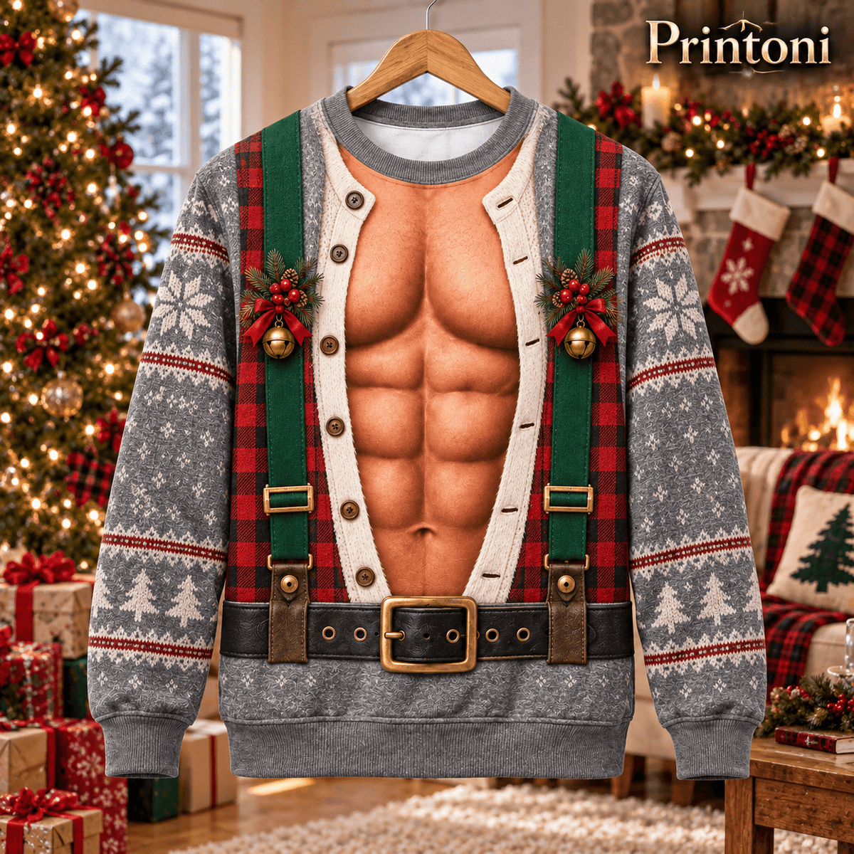 Couples Ugly Christmas Sweater Set, Funny Mrs Claus & Muscle Elf Costume Print, His and Hers Matching Xmas Sweaters