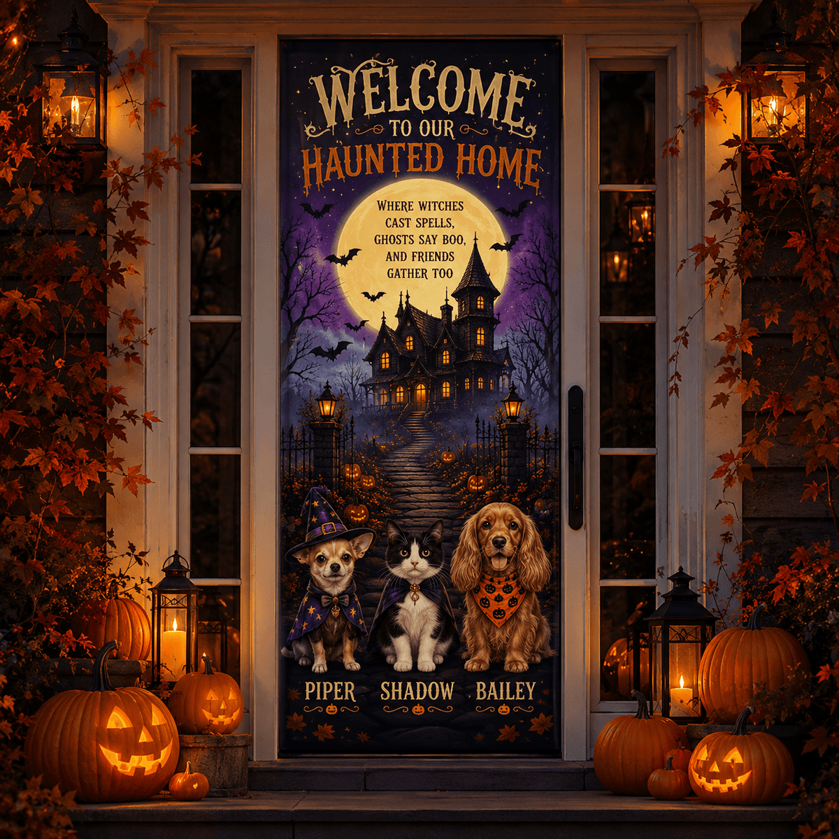 Custom Halloween Pet Door Cover with Names, Personalized Dog Cat Halloween Door Banner, Spooky Porch Decor, Pet Lover Halloween Gift