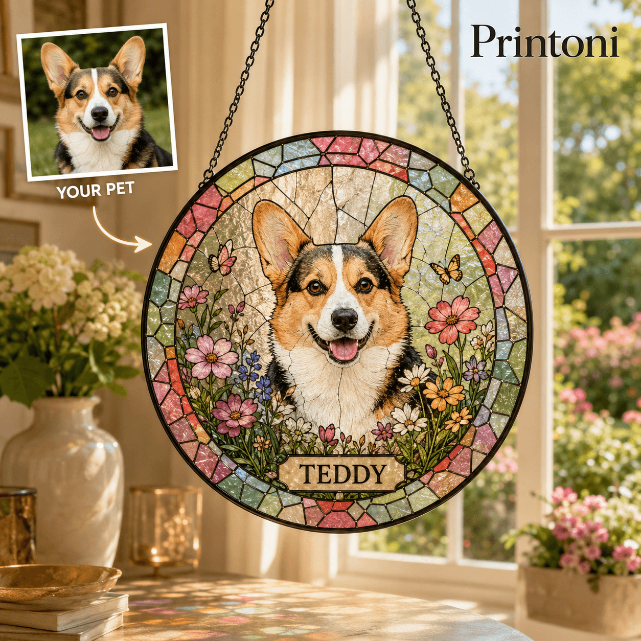 Custom Pet Suncatcher from Photo, Personalized Stained Glass Style Dog Cat Window Hanging with Name, Pet Memorial Gift, Pet Lover Gift