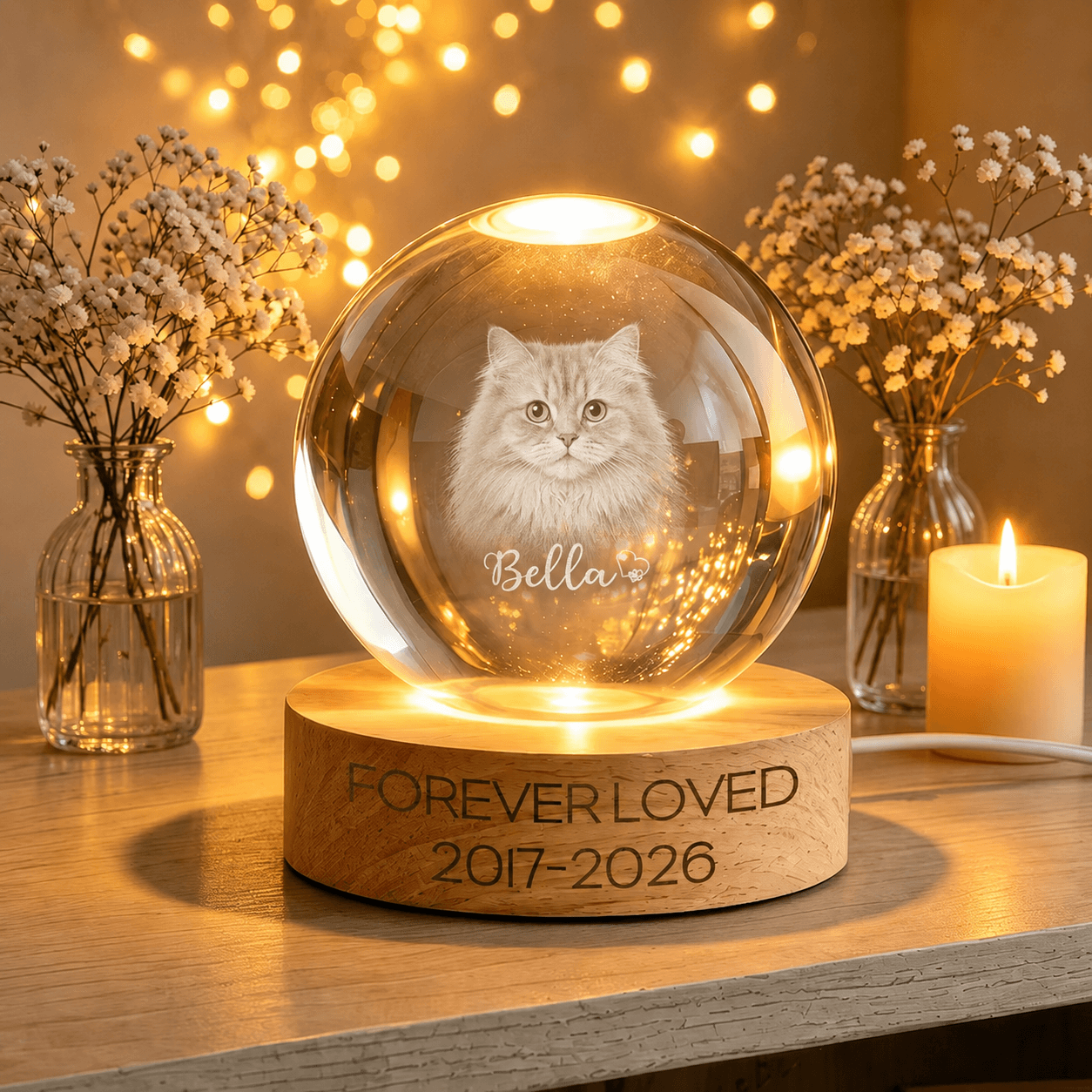 Custom Pet Memorial Night Light, Personalized Crystal Ball Dog Cat Lamp with Name & Years, Pet Loss Sympathy Gift, Remembrance Keepsake