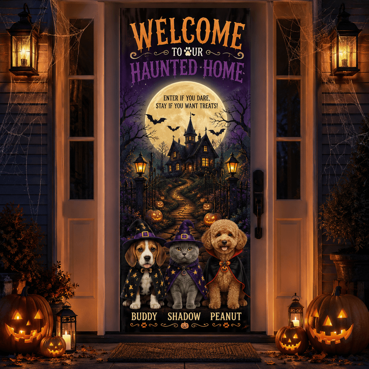 Custom Halloween Pet Door Cover with Names, Personalized Dog Cat Halloween Door Banner, Spooky Porch Decor, Pet Lover Halloween Gift