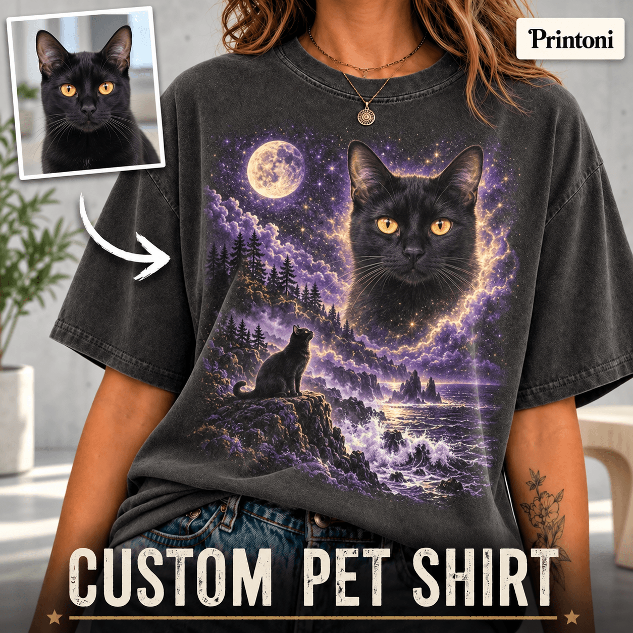 Custom Pet Shirt from Photo, Personalized Mystical Cat T-Shirt, Celestial Pet Portrait Gift for Cat Lovers
