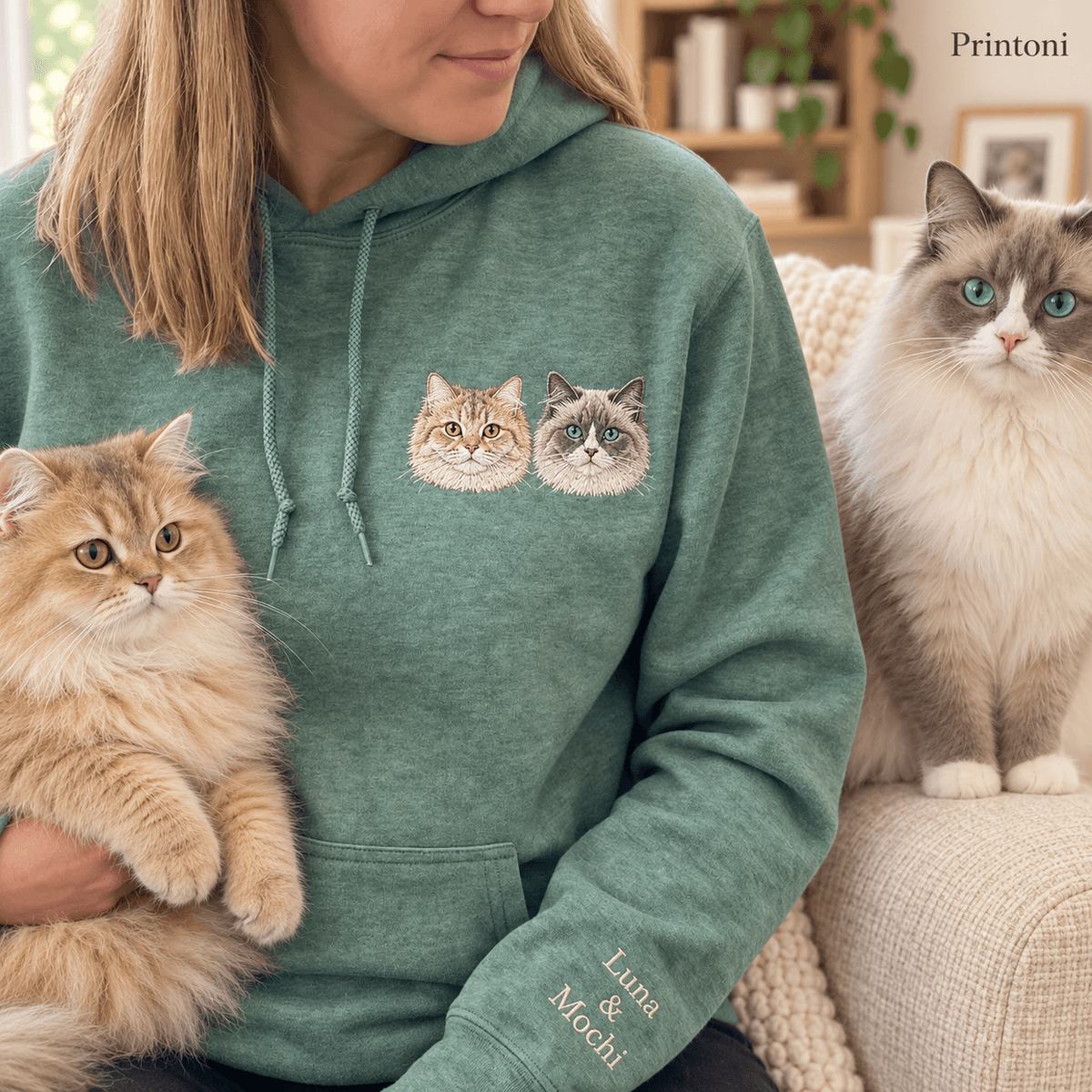 Custom Cat Face Embroidered Hoodie, Personalized Pet Portrait Sweatshirt with Name, Gift for Cat Lovers