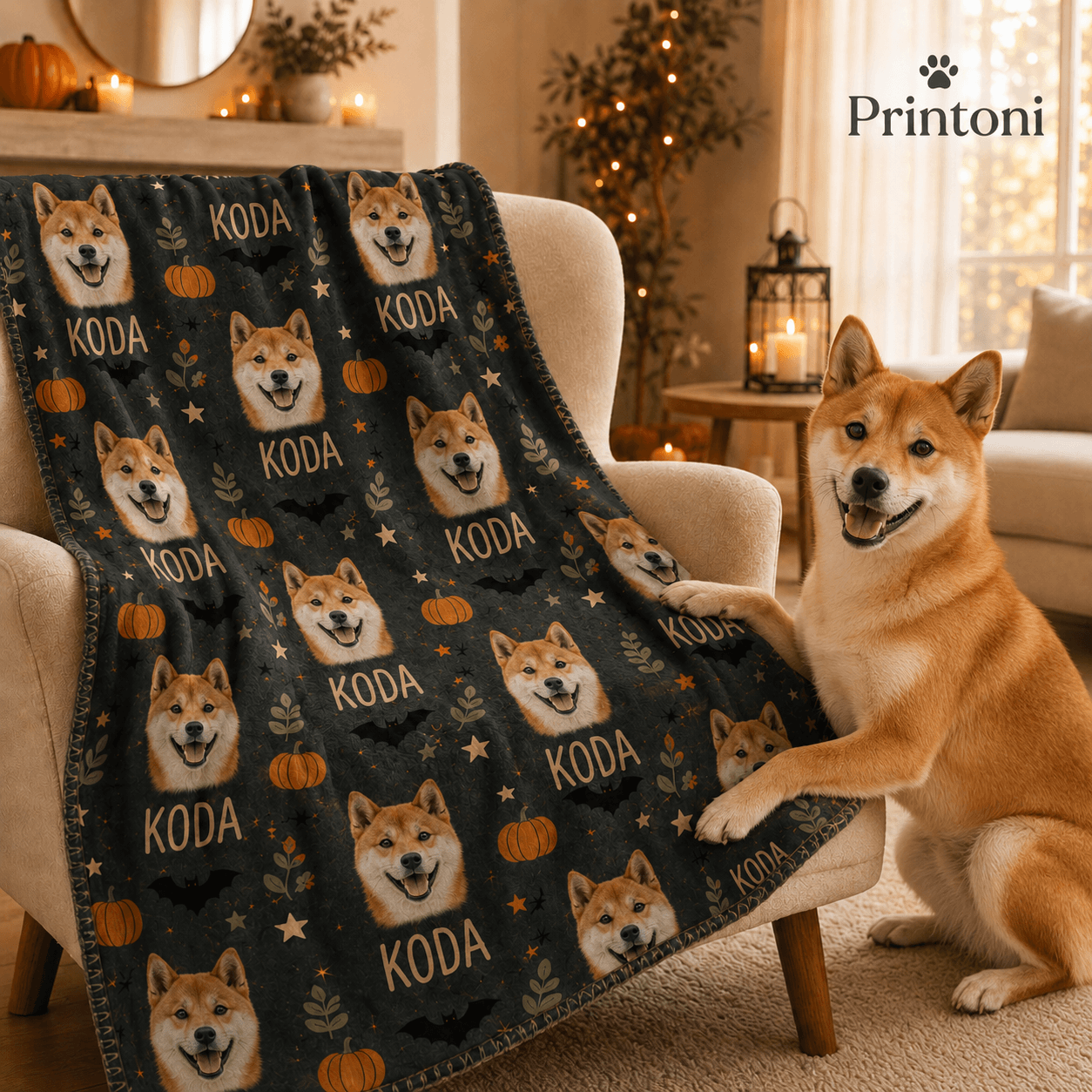 Custom Dog Blanket from Photo, Personalized Halloween Pet Name Blanket, Fall Gift for Dog Lovers