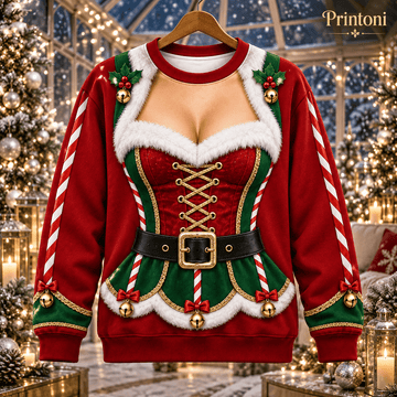 Couples Ugly Christmas Sweater Set, Funny Mrs Claus & Muscle Elf Costume Print, His and Hers Matching Xmas Sweaters
