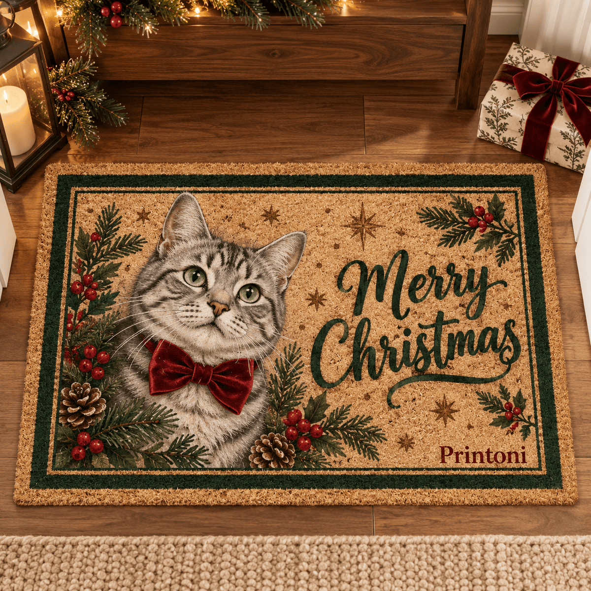 Custom Pet Christmas Doormat, Personalized Dog & Cat Photo Welcome Mat, Holiday Gift for Pet Lovers