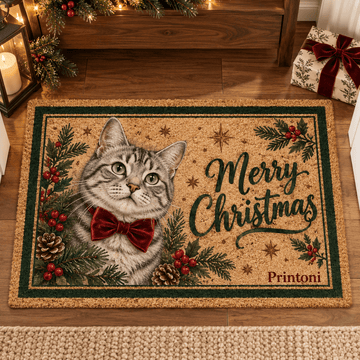 Custom Pet Christmas Doormat, Personalized Dog & Cat Photo Welcome Mat, Holiday Gift for Pet Lovers