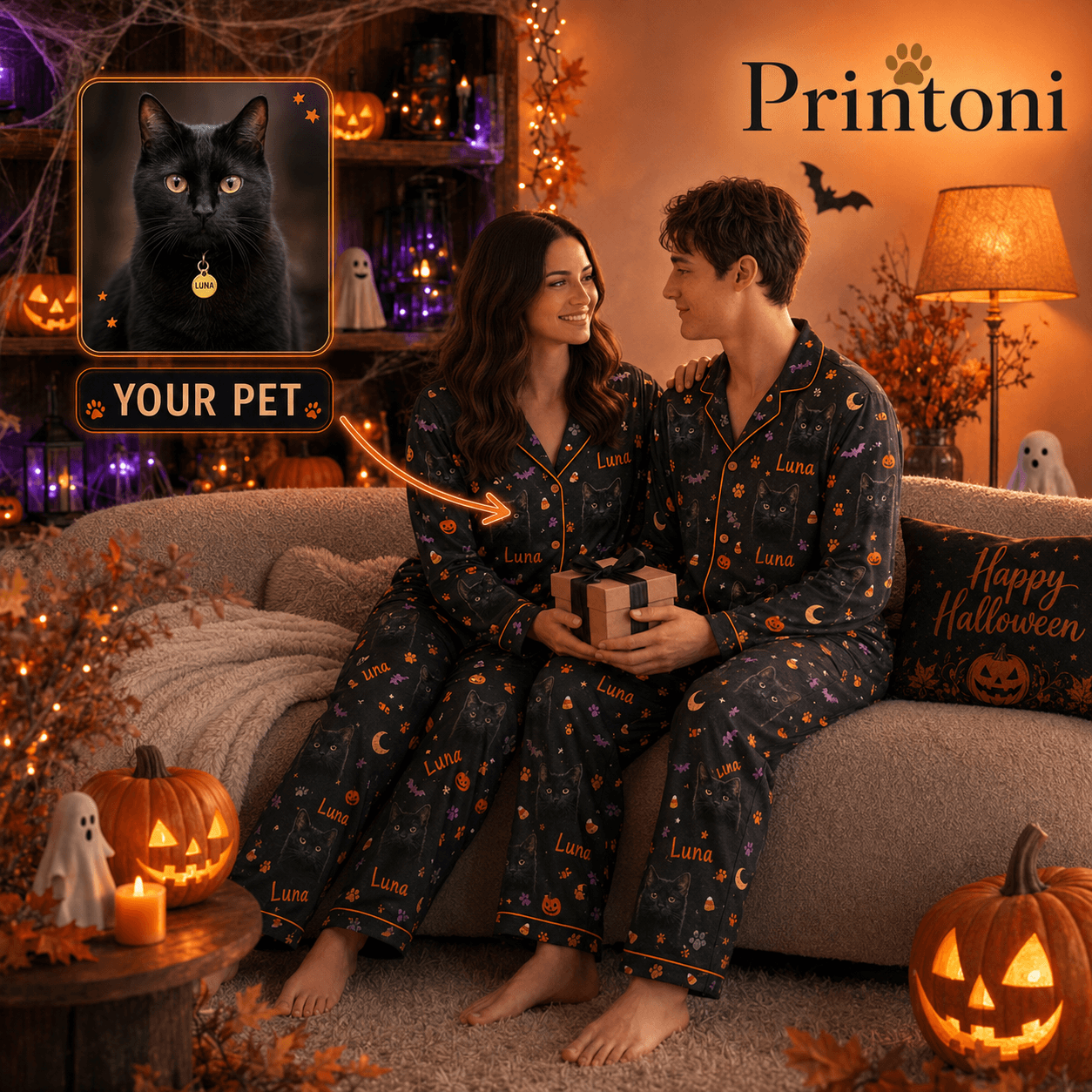 Custom Halloween Pet Pajamas from Photo, Personalized Dog Cat Face & Name PJs, Matching Couple Spooky Pajama Set, Pet Lover Gift