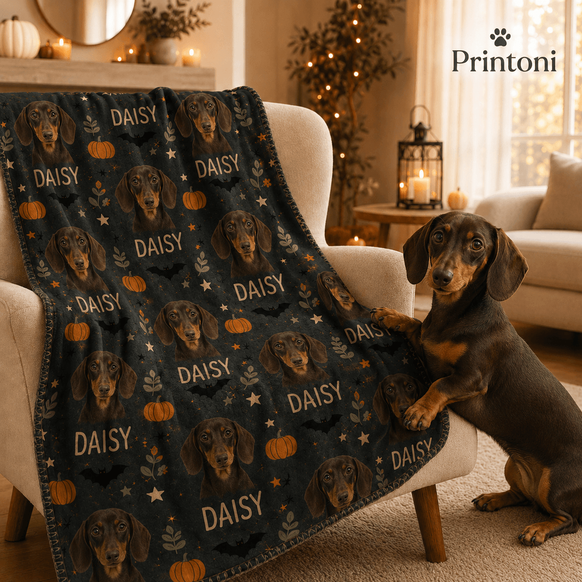 Custom Dog Blanket from Photo, Personalized Halloween Pet Name Blanket, Fall Gift for Dog Lovers