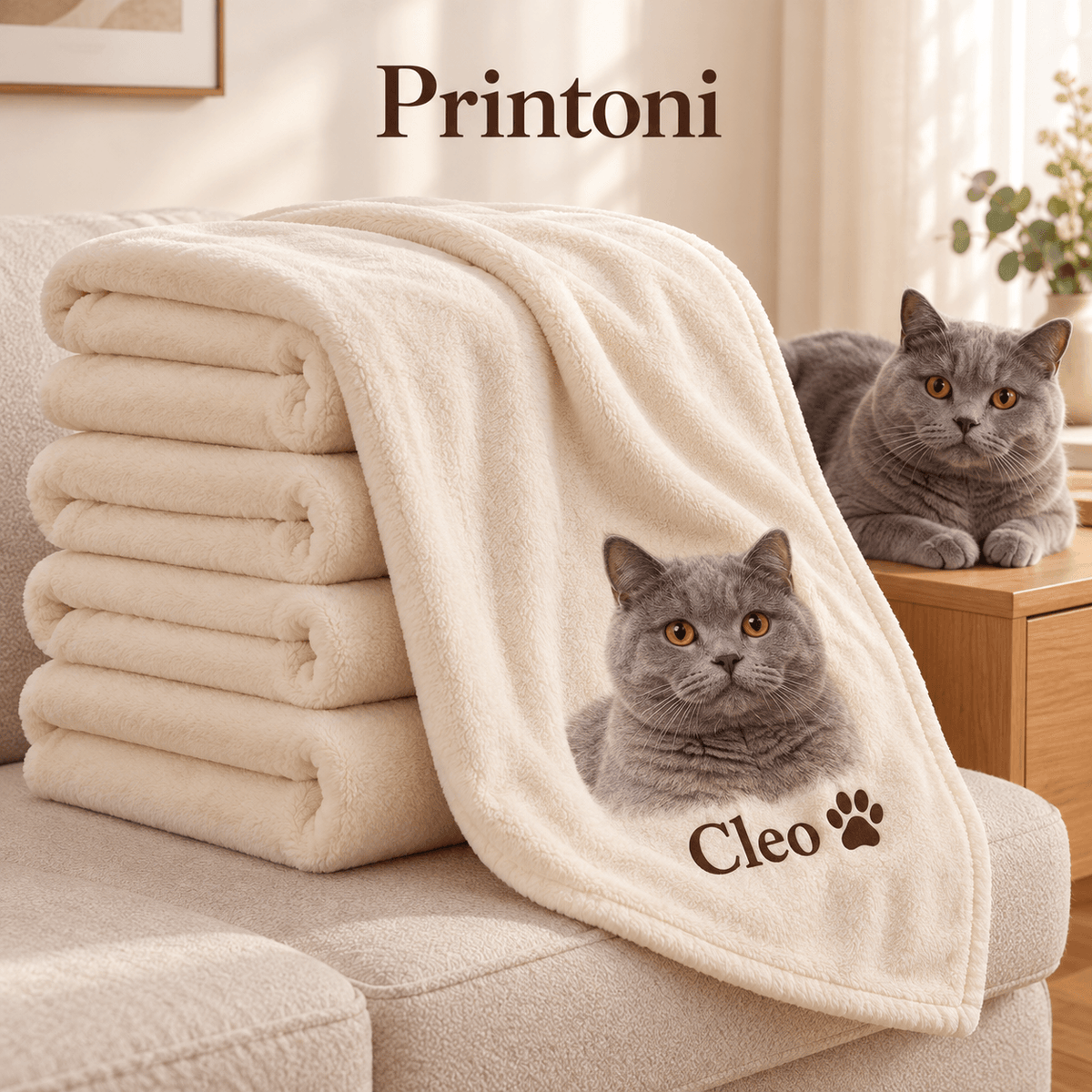 Custom Pet Photo Blanket, Personalized Cat & Dog Fleece Blanket with Name, Pet Portrait Gift