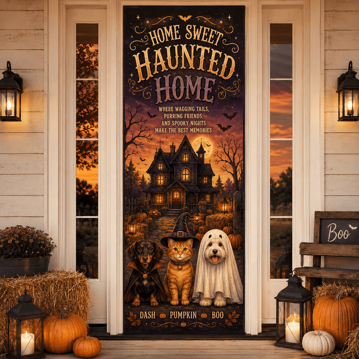 Custom Halloween Pet Door Cover with Names, Personalized Dog Cat Halloween Door Banner, Spooky Porch Decor, Pet Lover Halloween Gift