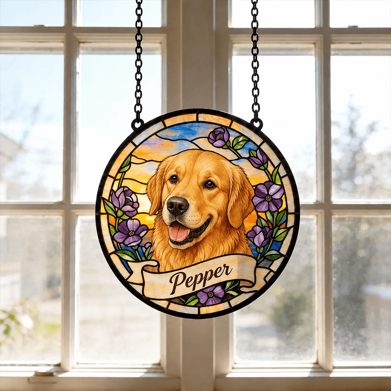 Custom Dog Stained Glass Suncatcher from Photo – Personalized Pet Memorial Window Decor