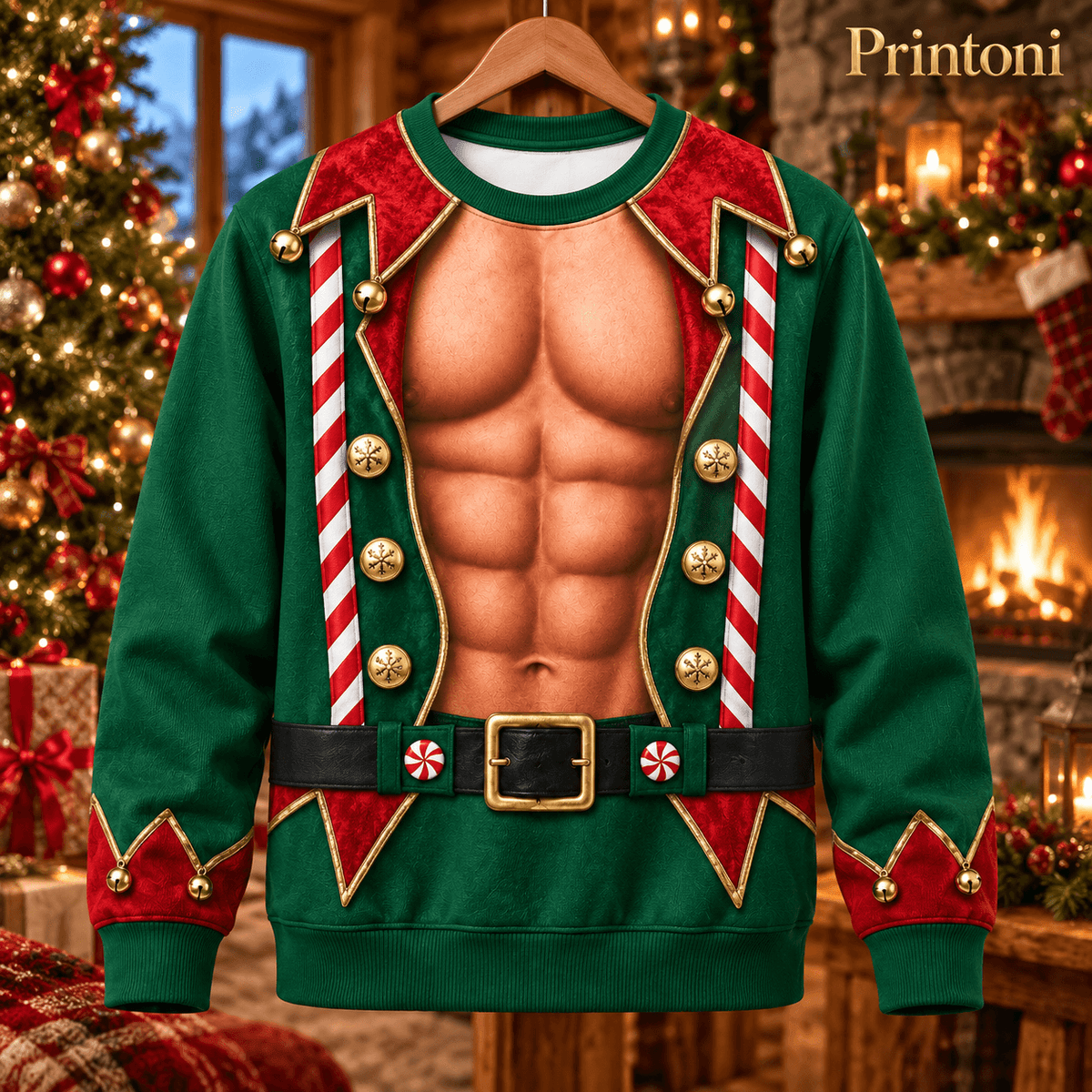 Couples Ugly Christmas Sweater Set, Funny Mrs Claus & Muscle Elf Costume Print, His and Hers Matching Xmas Sweaters