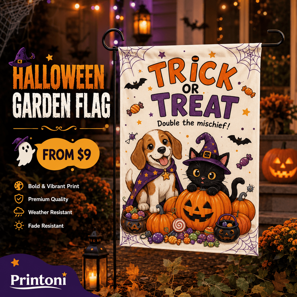 Halloween Black Cat Garden Flag, Trick or Treat Yard Flag, Cute Witch Cat Outdoor Decor, Fall Porch Sign, Cat Lover Gift