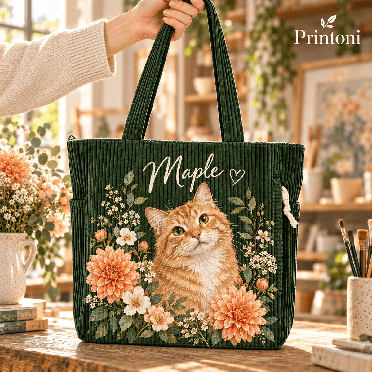 Custom Pet Corduroy Tote Bag with Name, Personalized Dog & Cat Portrait Bag, Pet Lover Gift
