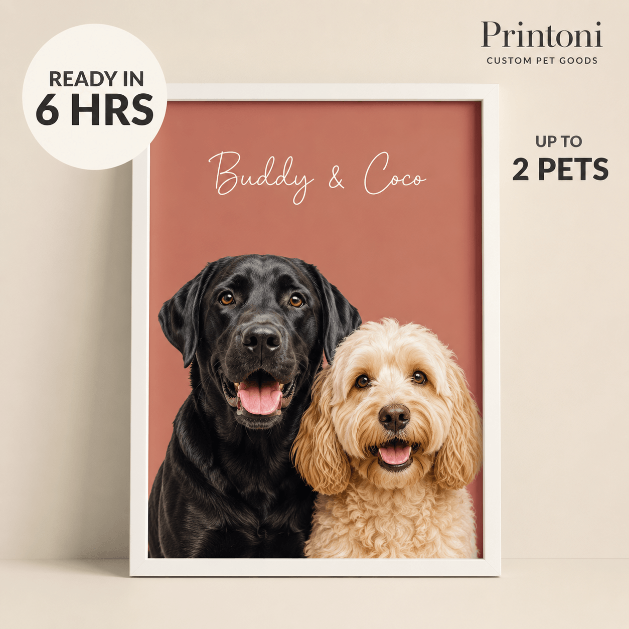Custom Pet Portrait from Photo, Personalized Multiple Dog & Cat Portrait with Name, Modern Framed Pet Wall Art, Pet Lover Gift
