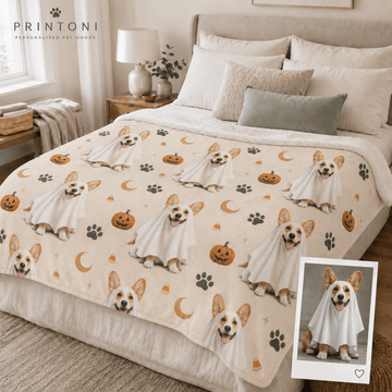 Custom Halloween Pet Blanket from Photo, Personalized Dog Cat Face & Name Throw, Spooky Pet Costume Blanket, Pet Lover Gift
