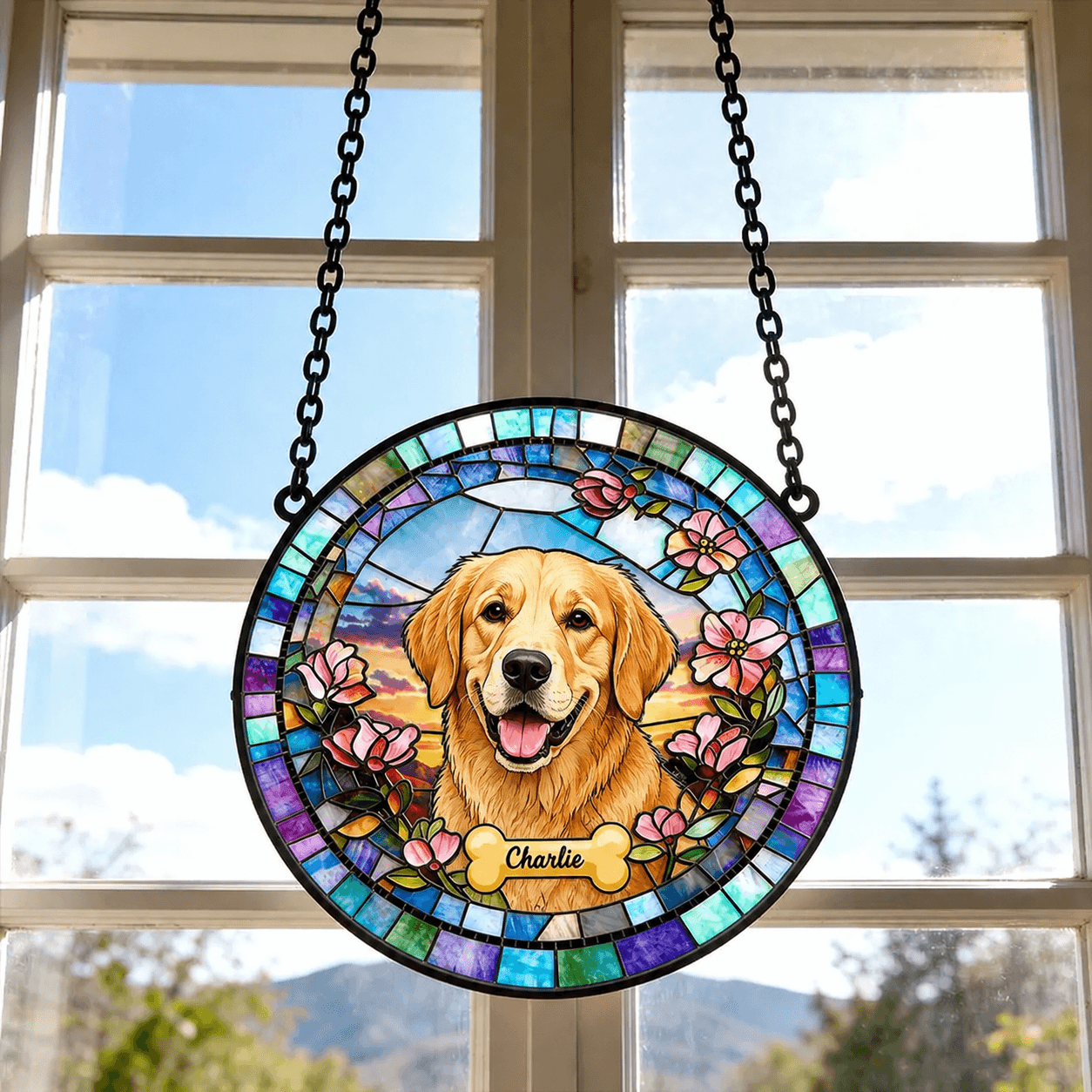 Custom Dog Stained Glass Suncatcher from Photo – Personalized Pet Memorial Window Decor