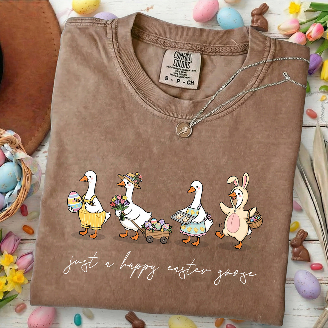 Just a Happy Easter Goose Shirt – Cute Cottagecore Easter Geese Comfort Colors Tee Gift