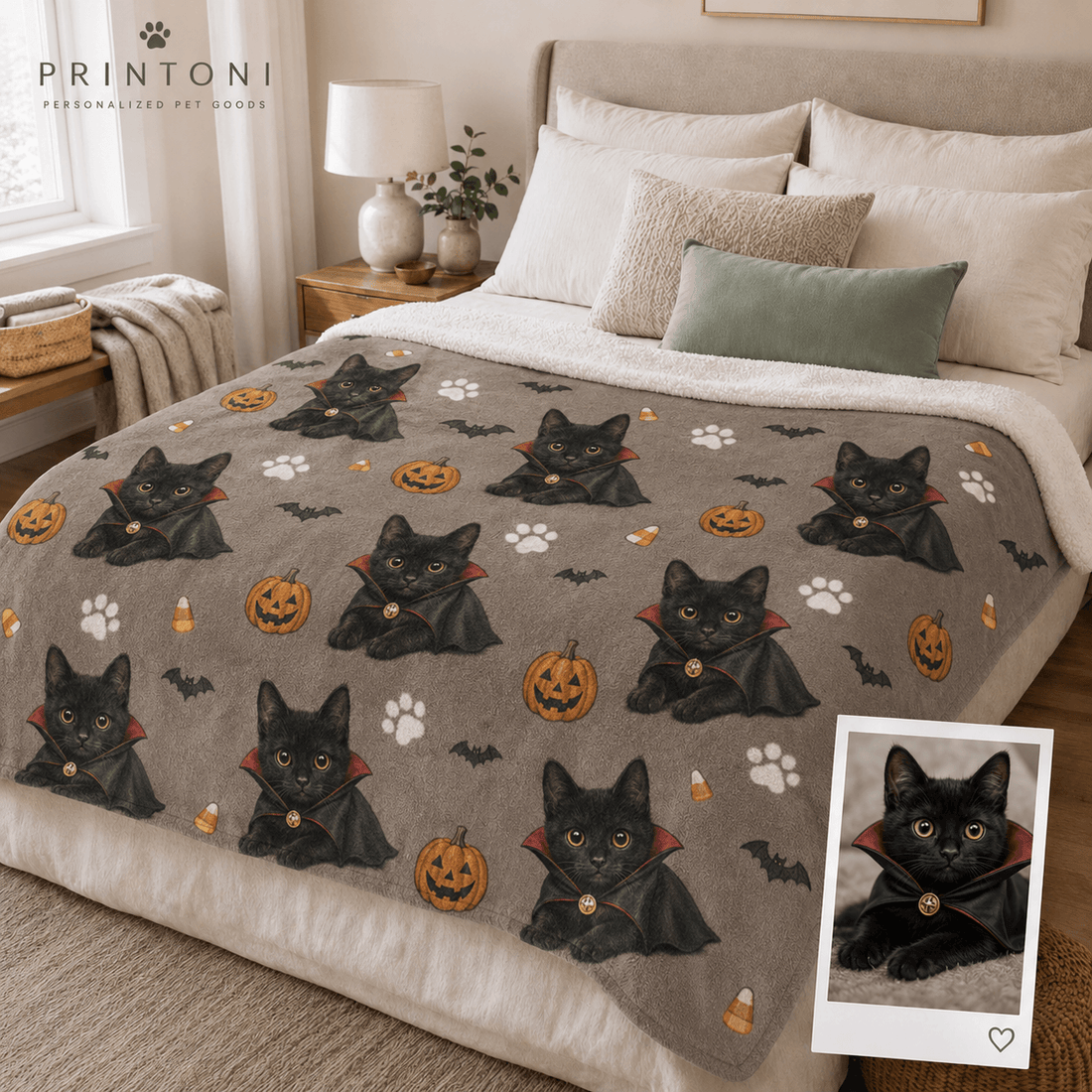 Custom Halloween Pet Blanket from Photo, Personalized Dog Cat Face & Name Throw, Spooky Pet Costume Blanket, Pet Lover Gift
