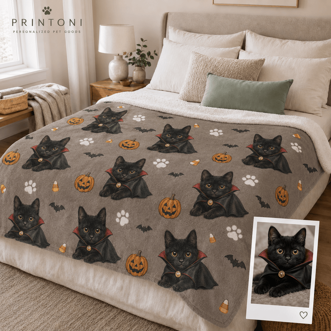 Custom Halloween Pet Blanket from Photo, Personalized Dog Cat Face & Name Throw, Spooky Pet Costume Blanket, Pet Lover Gift