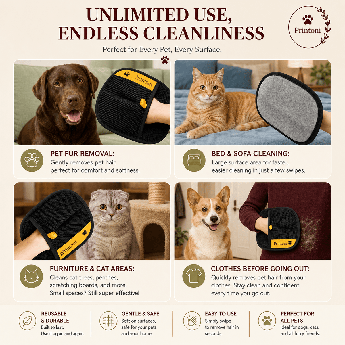 Static-Free Pet Hair Removal Glove, Reusable Deshedding Mitt for Dogs & Cats, Pet Grooming Gift