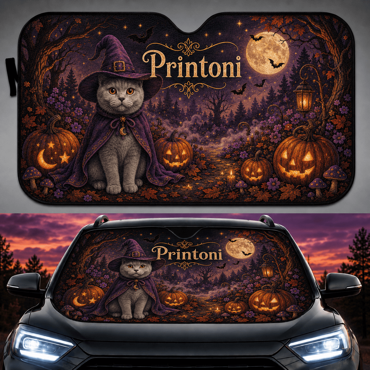 Custom Halloween Pet Car Sun Shade from Photo, Personalized Dog Cat Windshield Sunshade, Spooky Pet Lover Car Accessory Gift