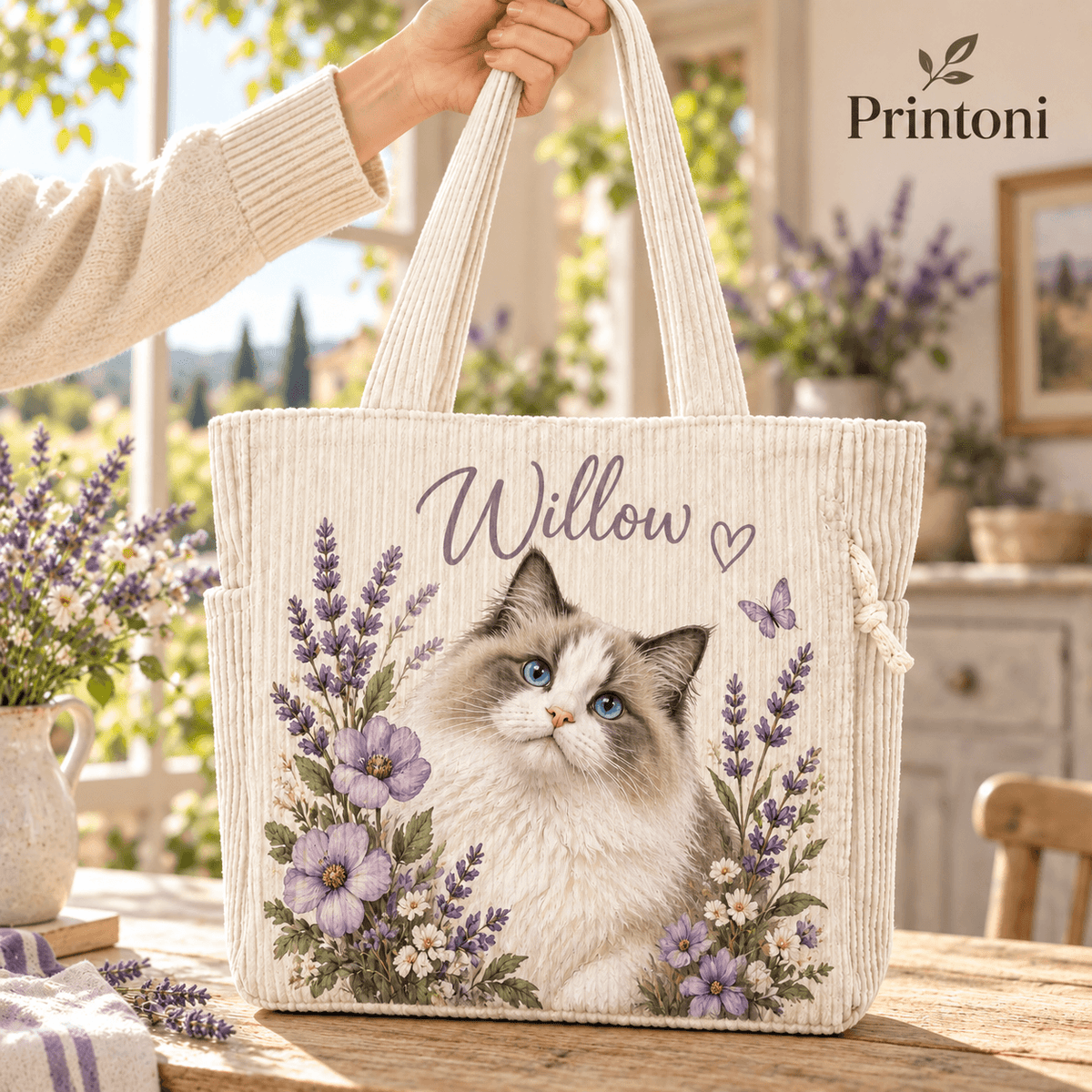 Custom Pet Corduroy Tote Bag with Name, Personalized Dog & Cat Portrait Bag, Pet Lover Gift