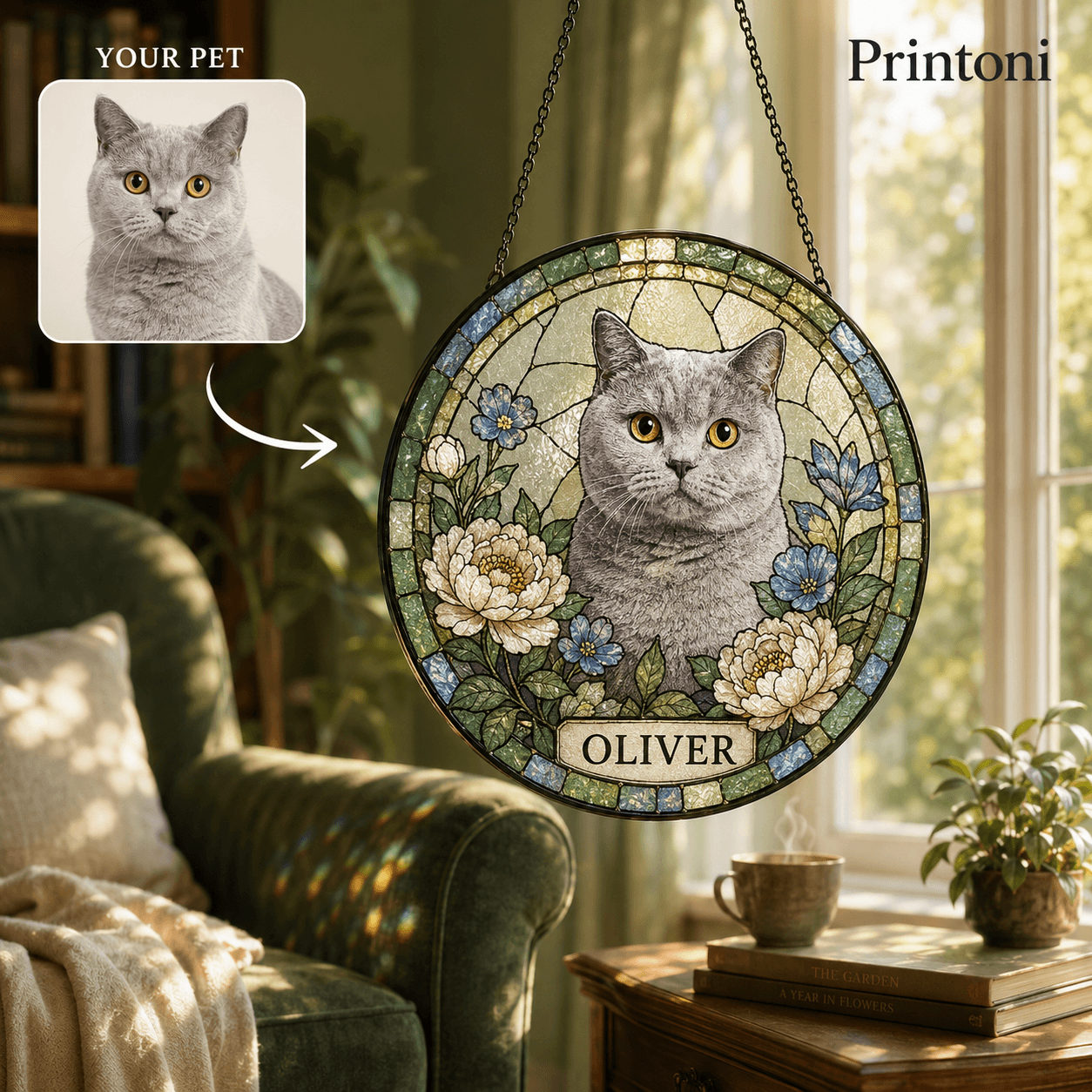 Custom Pet Suncatcher from Photo, Personalized Stained Glass Style Dog Cat Window Hanging with Name, Pet Memorial Gift, Pet Lover Gift