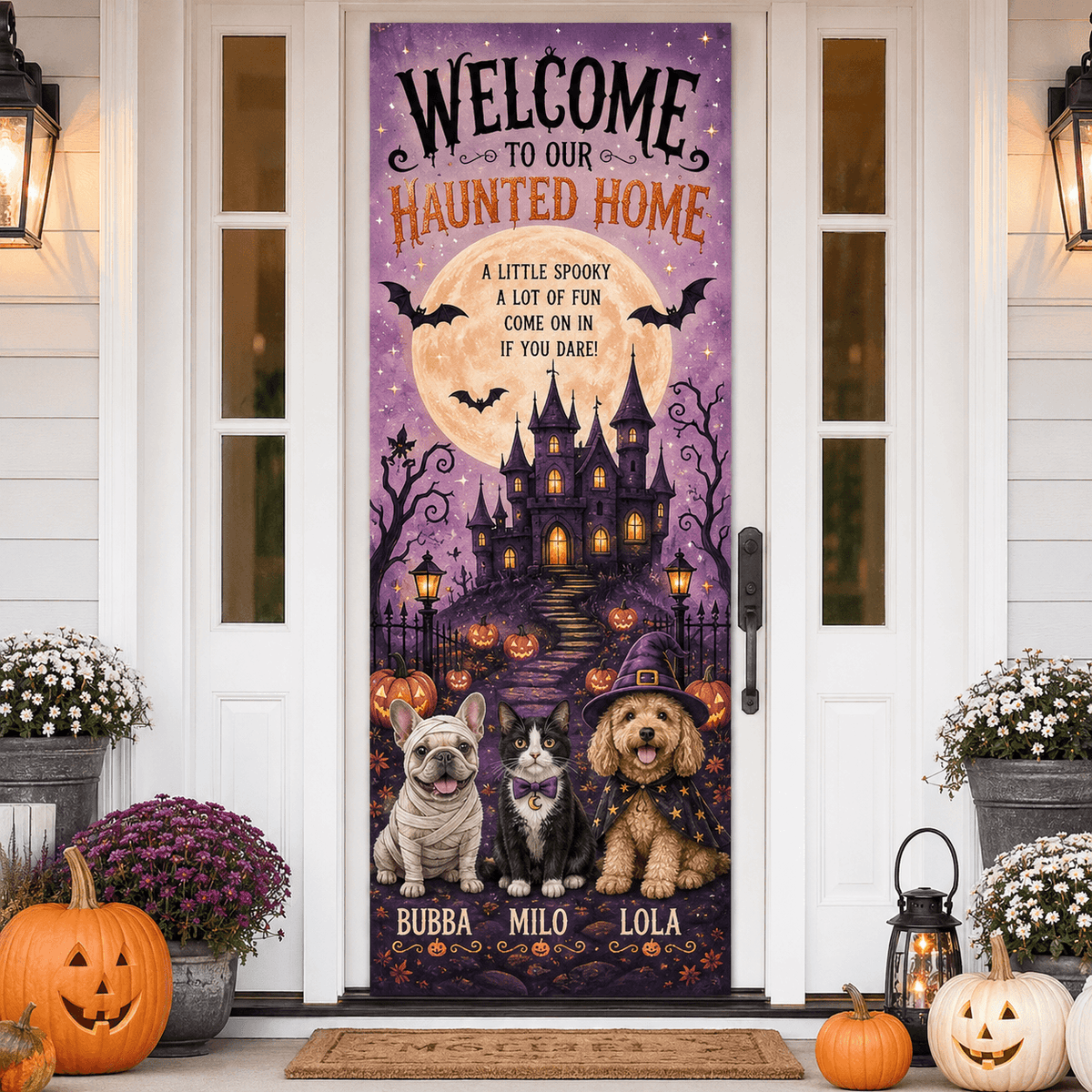 Custom Halloween Pet Door Cover with Names, Personalized Dog Cat Halloween Door Banner, Spooky Porch Decor, Pet Lover Halloween Gift