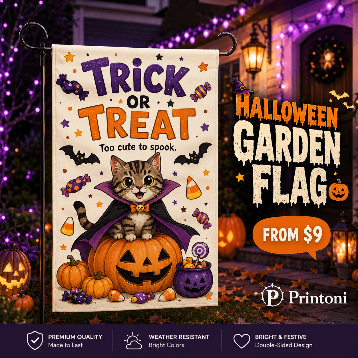 Halloween Black Cat Garden Flag, Trick or Treat Yard Flag, Cute Witch Cat Outdoor Decor, Fall Porch Sign, Cat Lover Gift