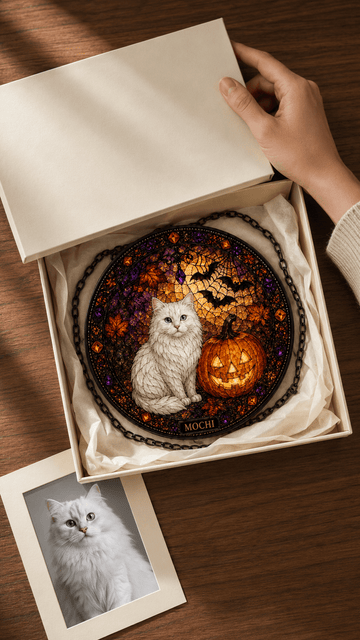 Custom Halloween Pet Suncatcher from Photo, Personalized Stained Glass Style Cat Dog Window Hanging with Name, Pet Lover Gift