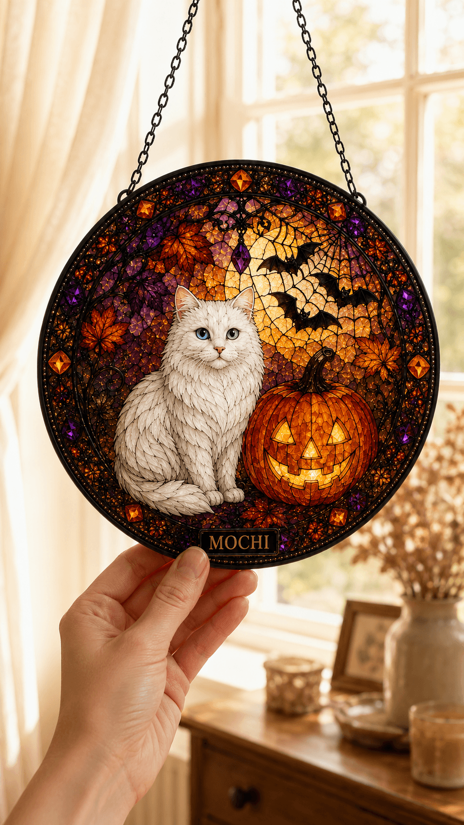 Custom Halloween Pet Suncatcher from Photo, Personalized Stained Glass Style Cat Dog Window Hanging with Name, Pet Lover Gift