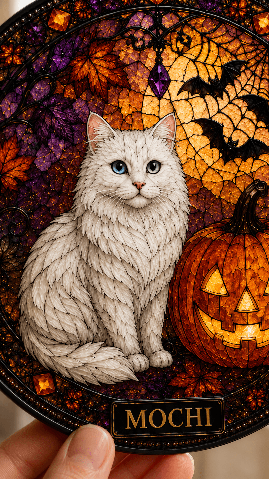 Custom Halloween Pet Suncatcher from Photo, Personalized Stained Glass Style Cat Dog Window Hanging with Name, Pet Lover Gift