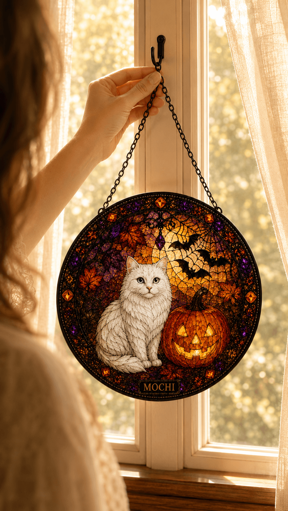 Custom Halloween Pet Suncatcher from Photo, Personalized Stained Glass Style Cat Dog Window Hanging with Name, Pet Lover Gift