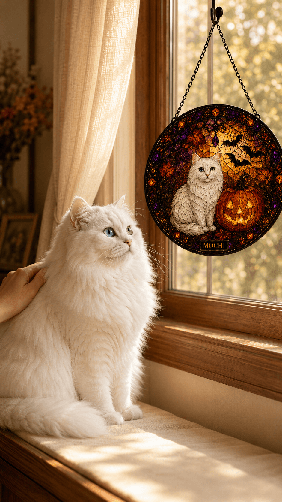 Custom Halloween Pet Suncatcher from Photo, Personalized Stained Glass Style Cat Dog Window Hanging with Name, Pet Lover Gift