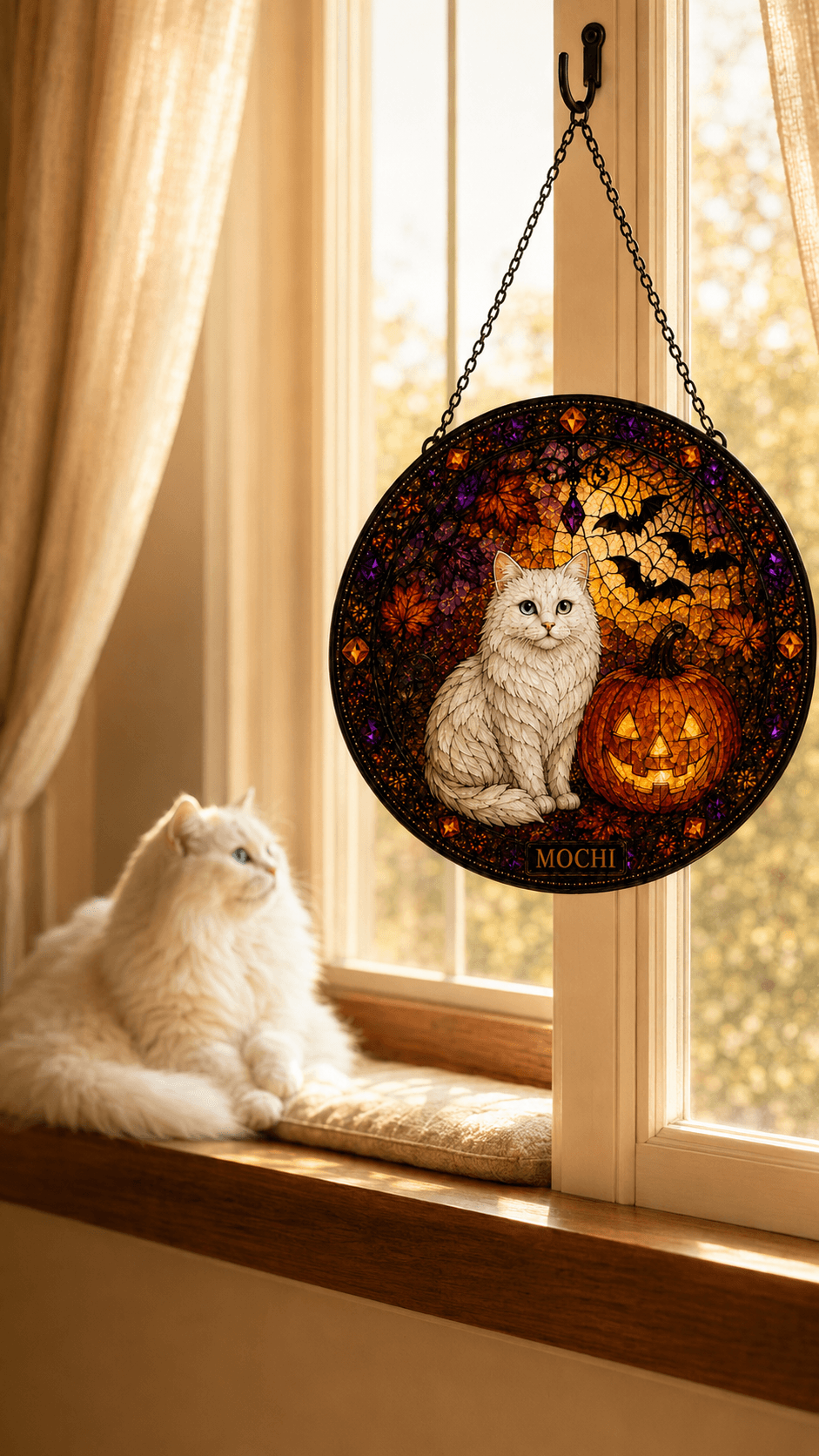 Custom Halloween Pet Suncatcher from Photo, Personalized Stained Glass Style Cat Dog Window Hanging with Name, Pet Lover Gift