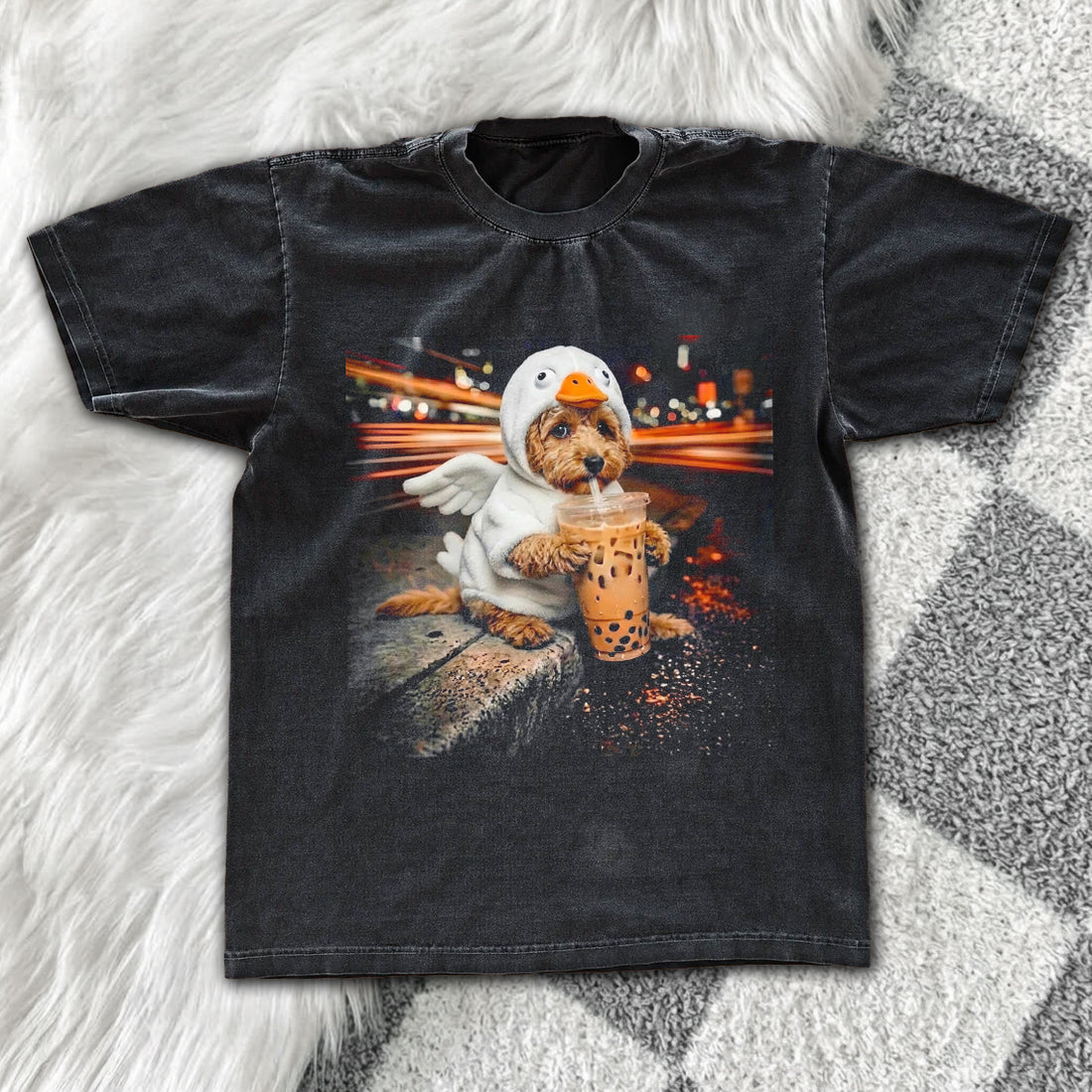 Funny Dog Duck Costume Boba Tea Graphic Tee – Vintage Grunge Oversized Washed Shirt Gift