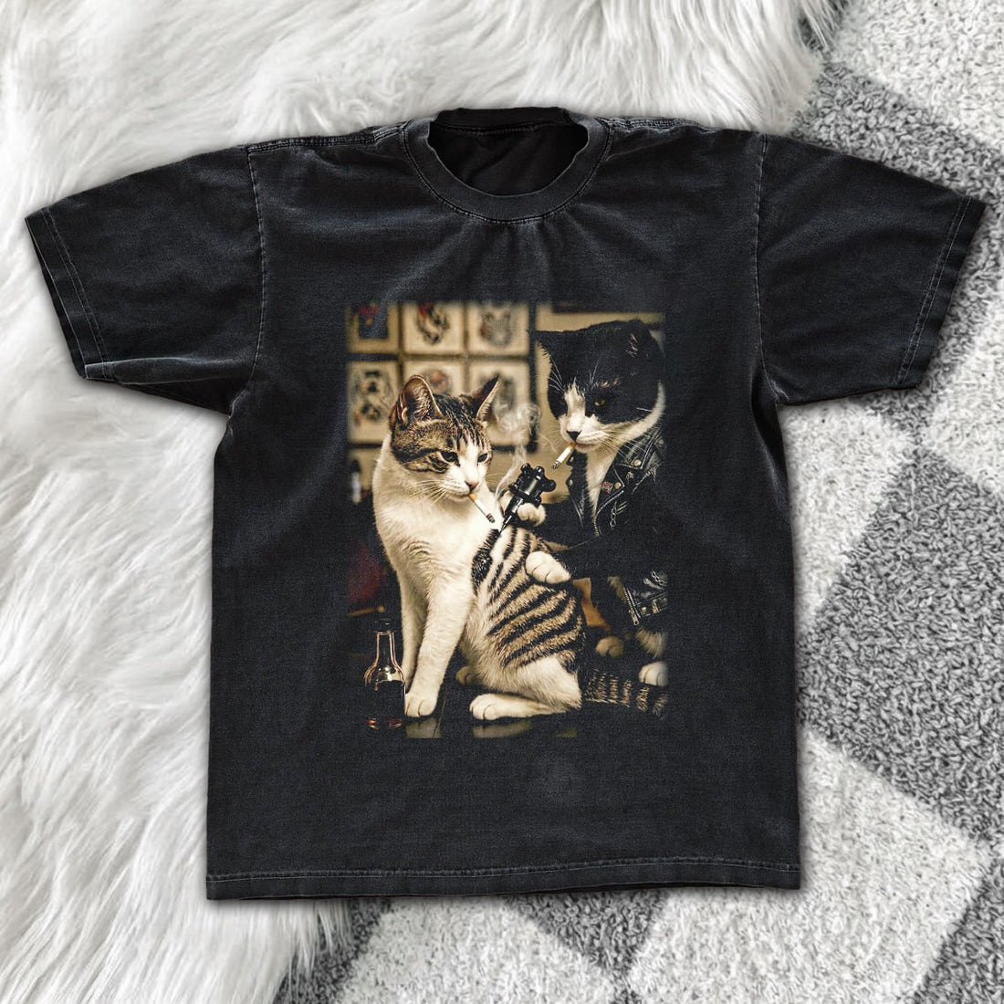 Vintage Cat Tattoo Graphic Tee – Funny Grunge Oversized Washed T-Shirt, Cat Lover Gift