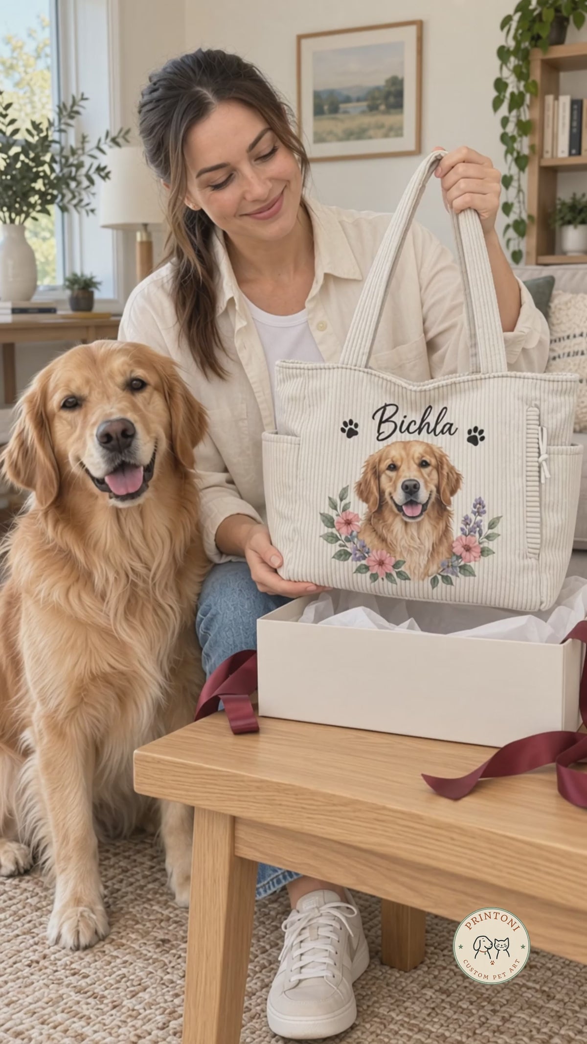 Custom Pet Corduroy Tote Bag with Name, Personalized Dog & Cat Portrait Bag, Pet Lover Gift