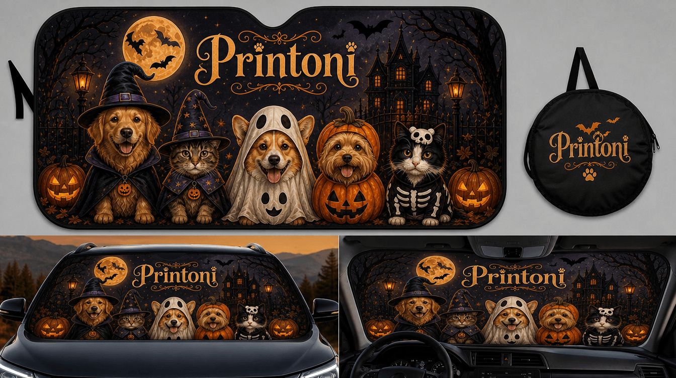 Custom Halloween Pet Car Sun Shade from Photo, Personalized Dog Cat Windshield Sunshade, Spooky Pet Lover Car Accessory Gift